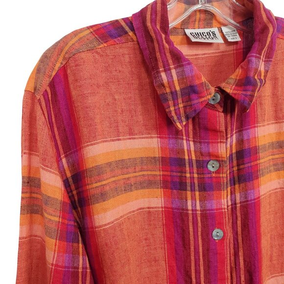 Chicos Design 3 Size XL Shirt Abalone Shell Button Plaid 100% Linen Relaxed Boho - Picture 7 of 11